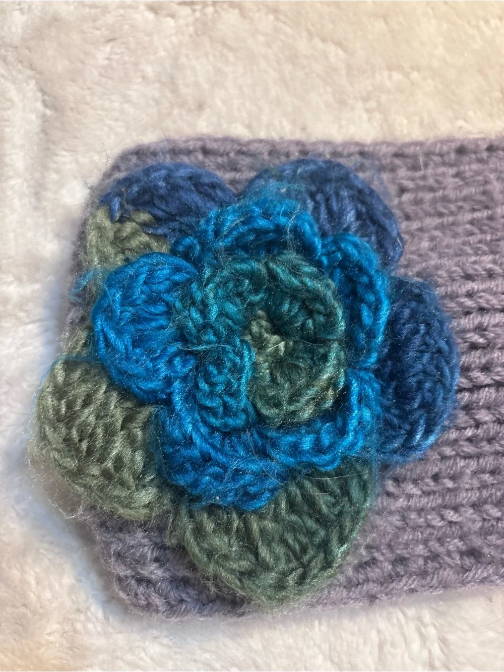 Gray Knit Headband Ear Warmer Earmuff with Blue Green Crochet Flower 3D Accent